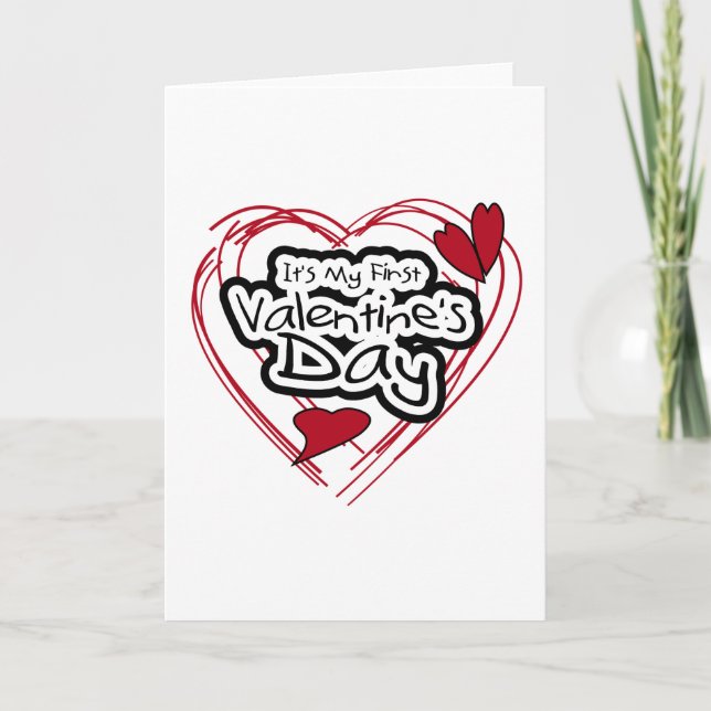 Red Heart Black Text First Valentine's Day Holiday Card (Front)