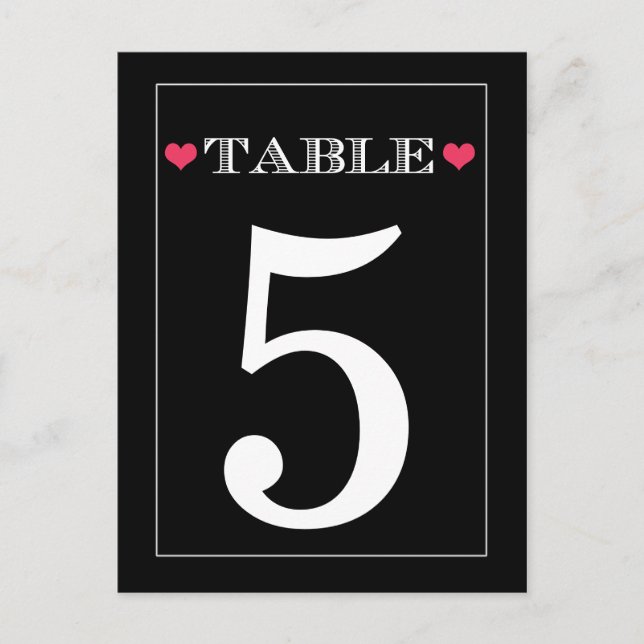 Red Heart Black Wedding Table Number Cards (Front)