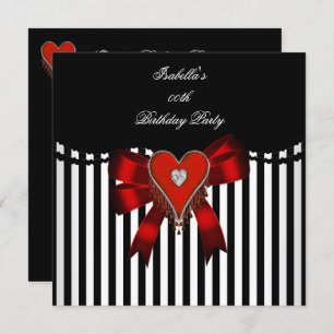 Red Heart Black White Stripe Bow Birthday Party Invitation