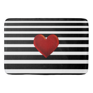 Red Heart Black White Stripes Bath Mat
