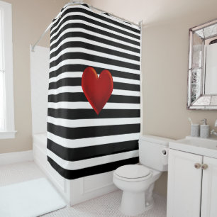 Red Heart Black White Stripes Shower Curtain