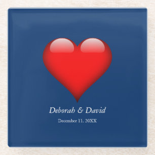 Red Heart Blue Modern Minimalist Wedding Glass Coaster