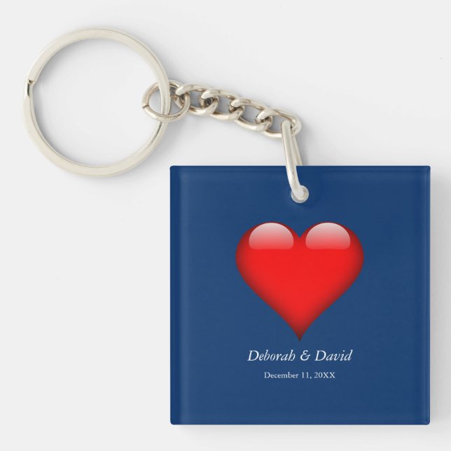 Red Heart Blue Modern Minimalist Wedding Key Ring (Front)