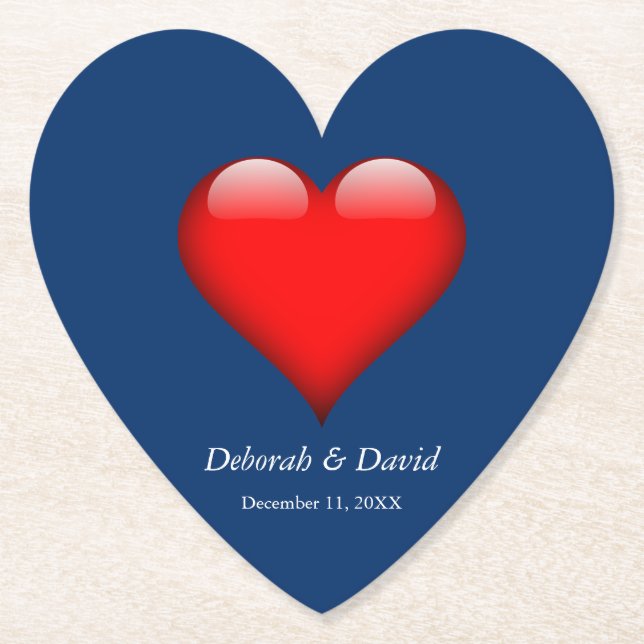 Red Heart Blue Modern Minimalist Wedding Paper Coaster (Front)