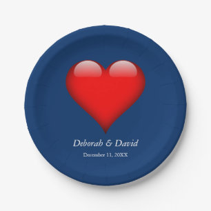 Red Heart Blue Modern Minimalist Wedding Paper Plate