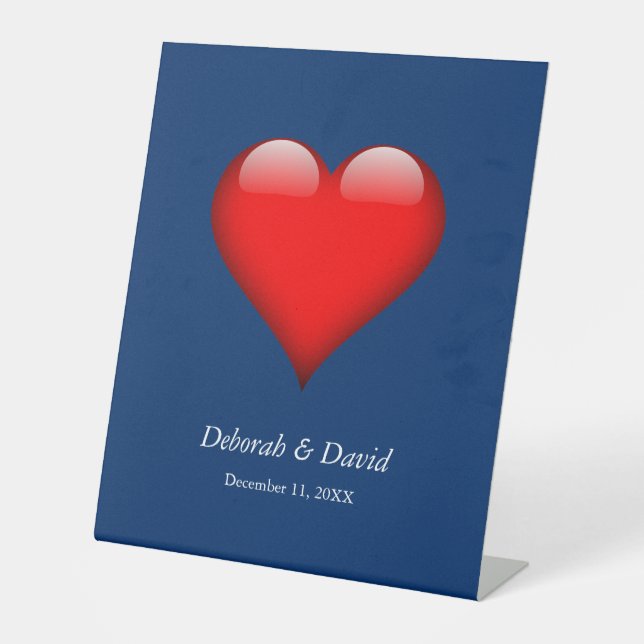 Red Heart Blue Modern Minimalist Wedding Pedestal Sign (Front)