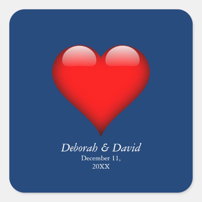Red Heart Blue Modern Minimalist Wedding Square Sticker (Front)