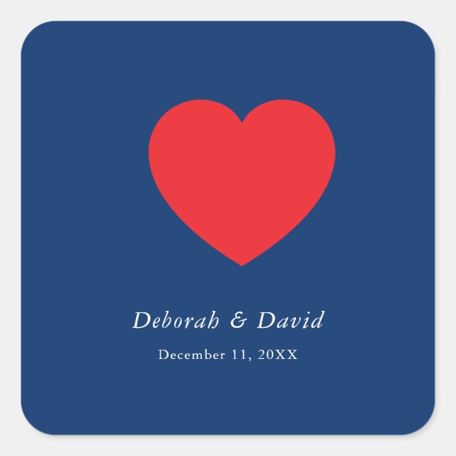 Red Heart Blue Modern Minimalist Wedding Square Sticker (Front)
