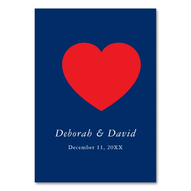 Red Heart Blue Modern Minimalist Wedding Table Number (Front)