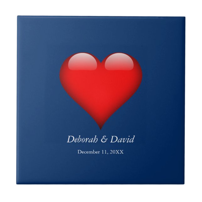 Red Heart Blue Modern Minimalist Wedding Tile (Front)