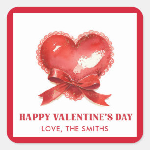 Red Heart Bow Happy Valentine’s Day Square Sticker