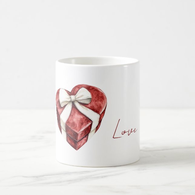 Red Heart Box White Ribbon Bow Coffee Mug (Center)