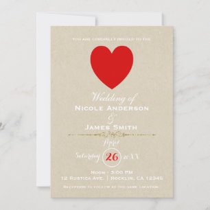 Red Heart Brown Kraft Valentine Modern Wedding Invitation