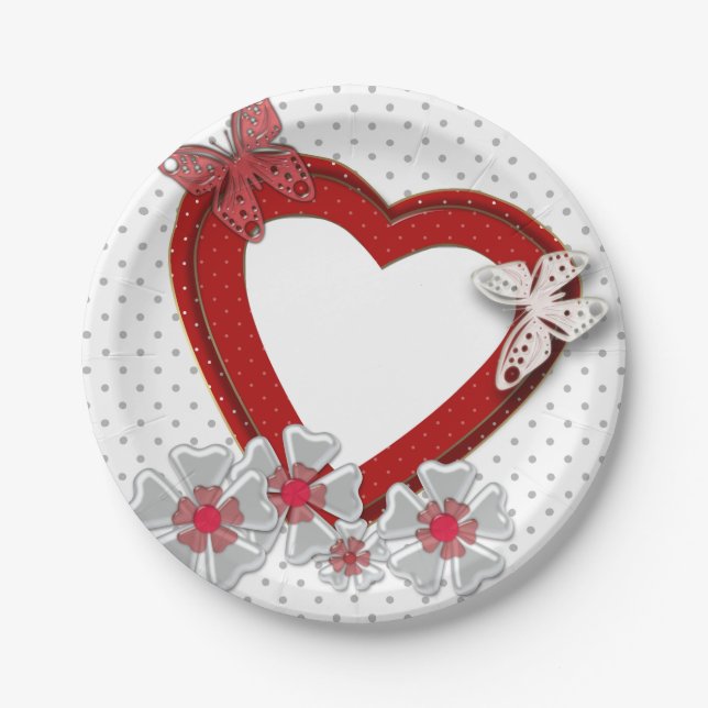 Red heart butterfly flowers Valentines Day love we Paper Plate (Front)