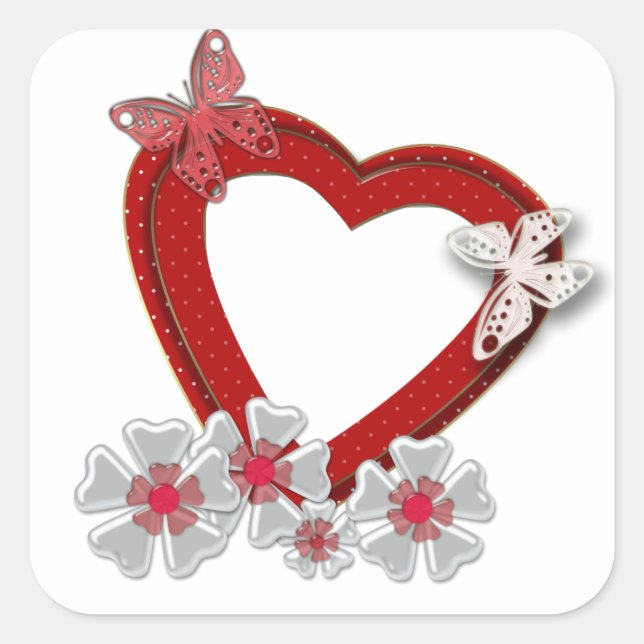 Red heart butterfly flowers Valentines Day love we Square Sticker (Front)