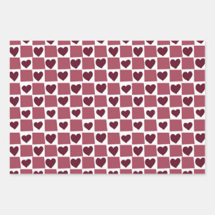 Red Heart Checkerboard Pattern Wrapping Paper Sheet