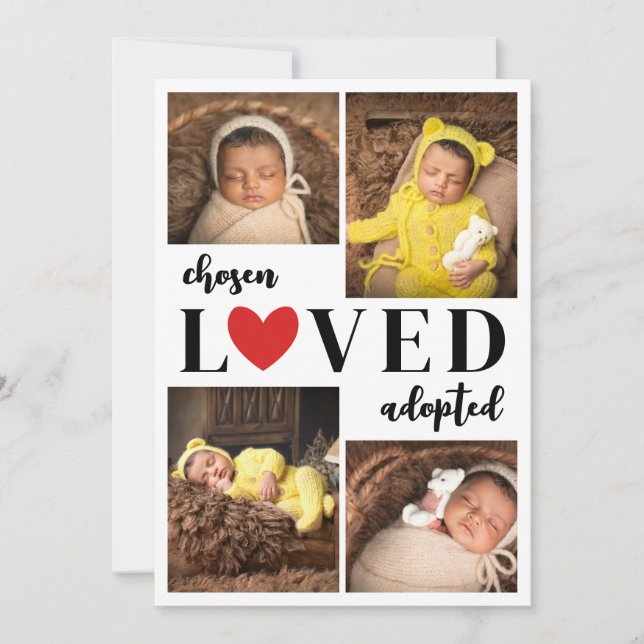 Red Heart Chosen Loved Adopted Photo Collage Announcement (Front)