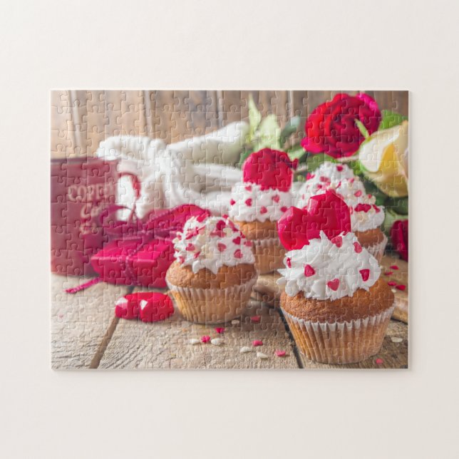 Red Heart Cupcakes Roses Coffee Valentine's Day Jigsaw Puzzle (Horizontal)
