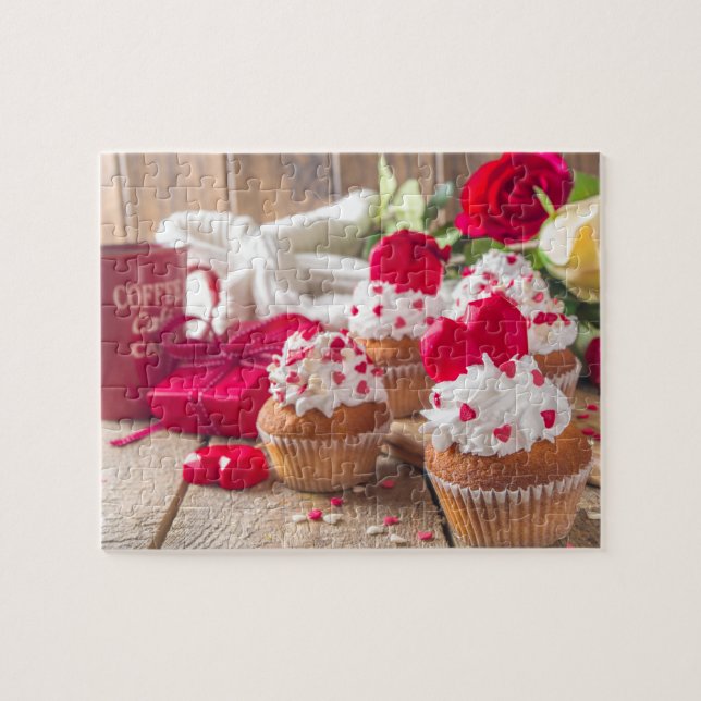 Red Heart Cupcakes Roses Coffee Valentine's Day Jigsaw Puzzle (Horizontal)