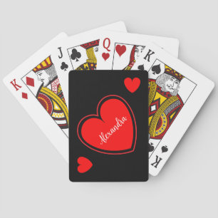 Red heart custom name on black playing cards