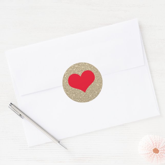 Red Heart Cute Valentine's Day Rustic Gold Glitter Classic Round Sticker (Envelope)