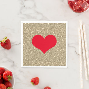 Red Heart Cute Valentine's Day Rustic Gold Glitter Napkin