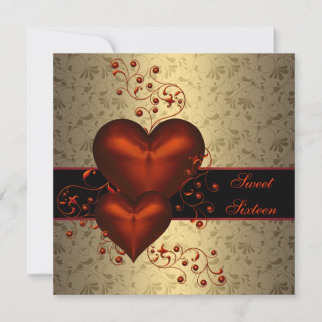 Red Heart Damask Classy Gold Sweet Sixteen Invitation (Front)