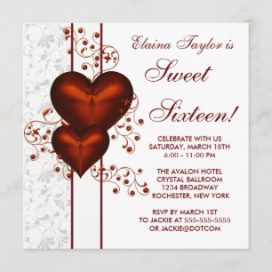 Red Heart Damask Sweet 16 Birthday Party Invitation