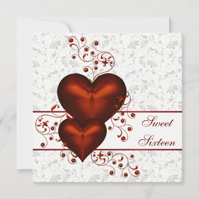 Red Heart Damask White Sweet Sixteen Invitation (Front)