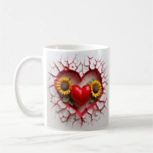 Red Heart Design With Yellow Sunflowers And Cracks Coffee Mug