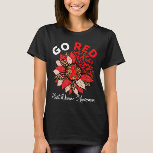 Red Heart Disease Awareness Red Ribbon Sunflower W T-Shirt