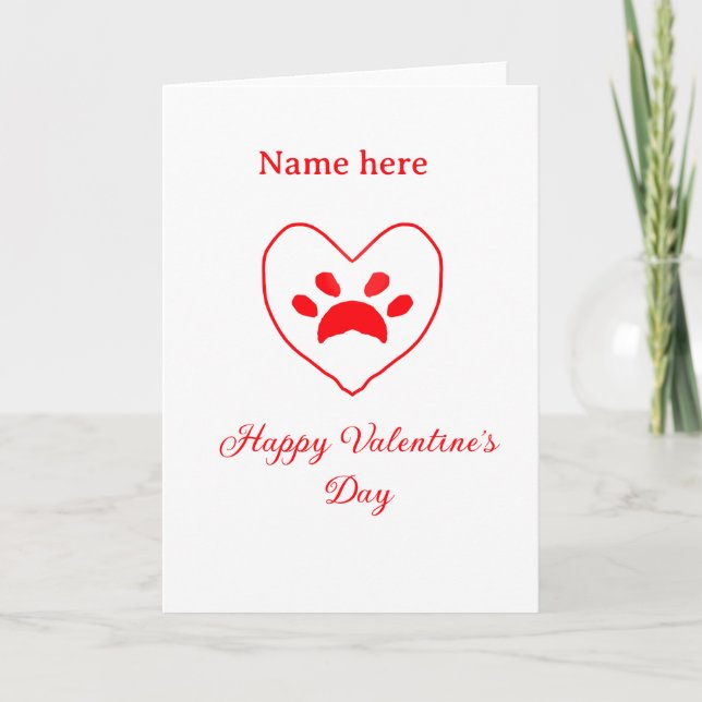 Red heart dog cat paw happy Valentine's day name  Card (Front)