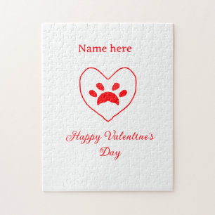 Red heart dog cat paw happy Valentine's day name Jigsaw Puzzle