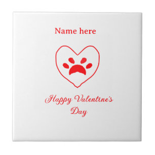 Red heart dog cat paw happy Valentine's day name  Tile