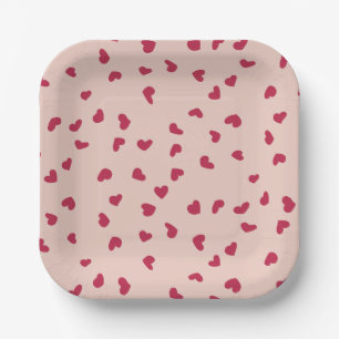 Red Heart Doodles Scattered on Peach Paper Plate