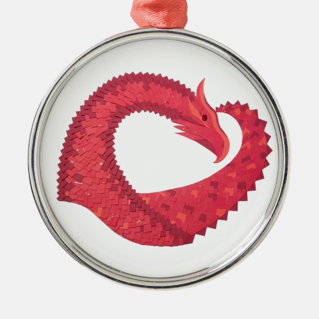 Red heart dragon on white metal tree decoration (Front)