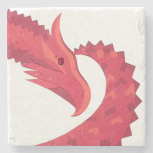 Red heart dragon on white stone coaster