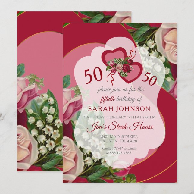 Red Heart Floral 00th Birthday Invitation (Front/Back)