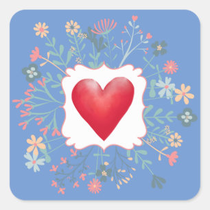 Red Heart, Floral Border, Valentine Square Sticker