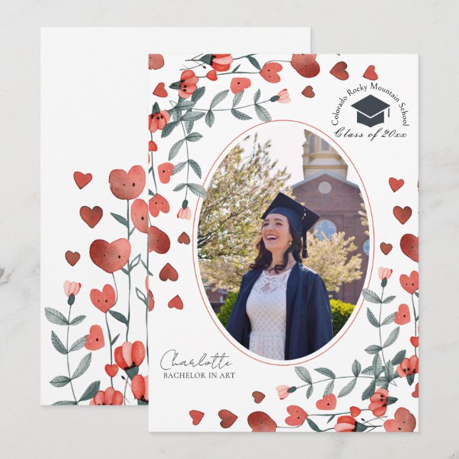 Red Heart Floral Photo Graduation Announcements (Front/Back)