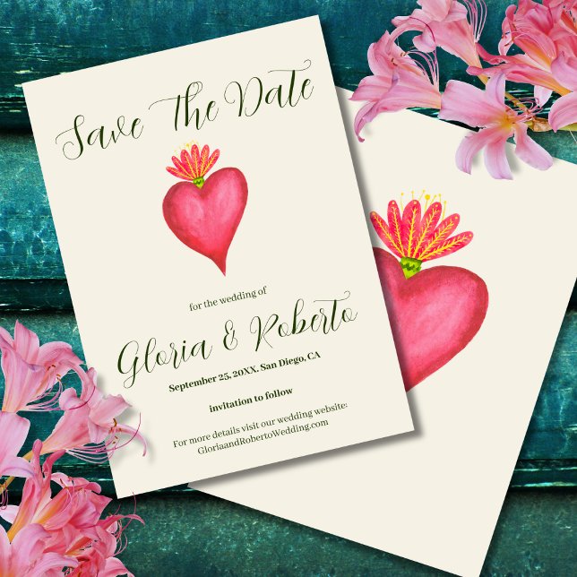 Red Heart & Flower Mexican Wedding Save the Date Invitation (Creator Uploaded)