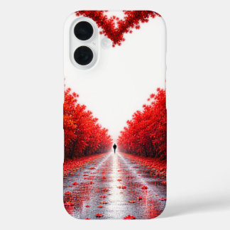 Red Heart Forest Path – Autumn Love Nature Design iPhone 16 Case