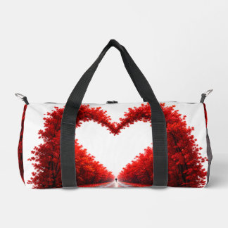 Red Heart Forest Path – Autumn Love Nature Design Duffle Bag