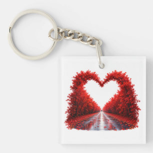 Red Heart Forest Path – Autumn Love Nature Design Key Ring
