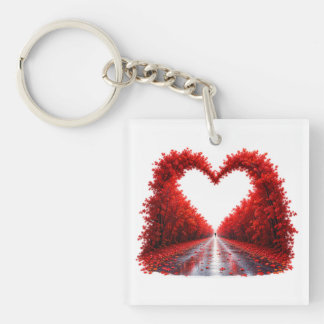 Red Heart Forest Path – Autumn Love Nature Design Key Ring