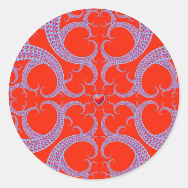 Red Heart Fractal Pattern Classic Round Sticker (Front)