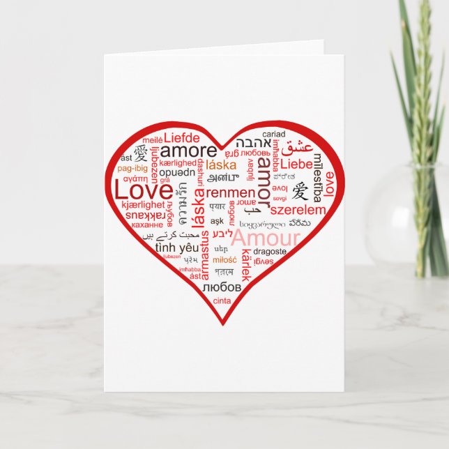 Red Heart full of Love in many languages Holiday Card (Front)