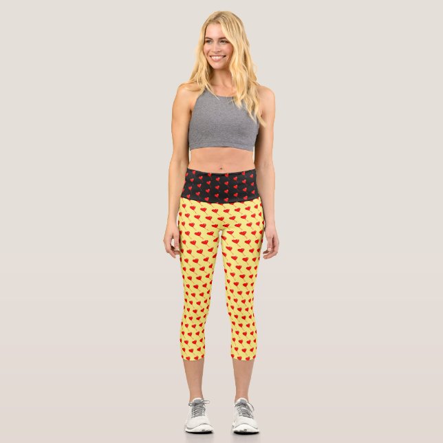 Red Heart Girly Fun Balloon Pattern Yellow Chic Capri Leggings (Front)