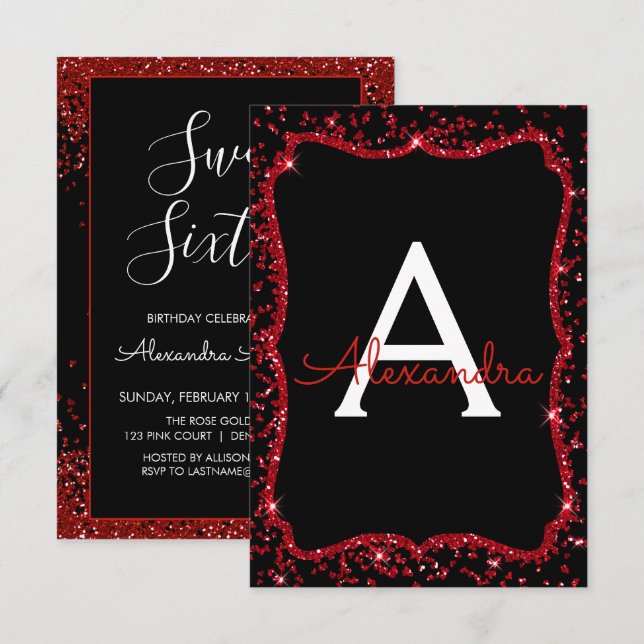 Red Heart Glitter Sparkle Sweet Sixteen Birthday Invitation (Front/Back)