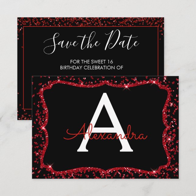 Red Heart Glitter Sparkle Sweet Sixteen Birthday Invitation (Front/Back)
